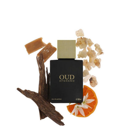 Oud Afghano EDP 50mL by Ahmed Al Maghribi. Mandarin , Caramel, Labdanum and Oud can be seen in the white background.