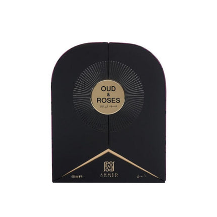 Black and gold packaging of Oud & Roses perfume by Ahmed on a white background