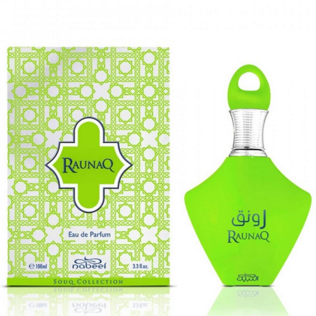 Raunaq EDP 100mL by Nabeel Perfumes along with its packaging