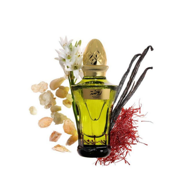 Rawdha by Ahmed EDP 50mL by Ahmed Al Maghribi. Saffron and Orange Blossom among other ingredients can be seen in the white background.