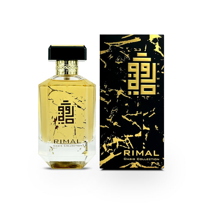 Rimal EDP 100mL Spray bottle along with its Pack by Rawda Perfumes