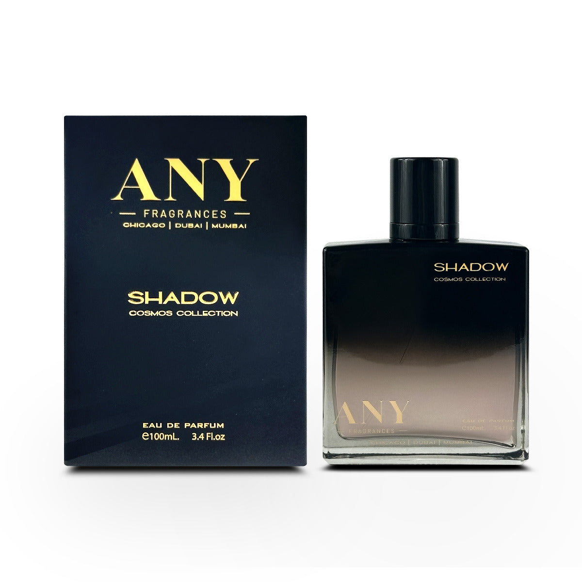 A square black glass bottle of ANY Shadow Cosmos Collection Eau de Parfum 100mL. The bottle has a gradient effect, transitioning from dark grey to black. It has a silver cap and a silver band around the bottom. The matching box is black with silver lettering and the brand name 'ANY'