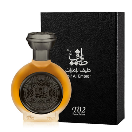 Perfume bottle with black cap and intricate design, next to a black box with brand name and product details.