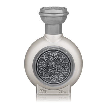 Silver perfume bottle with intricate design on a white background. Its Taif Al Emarat's T03 EDP 75mL