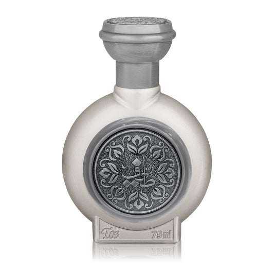 Silver perfume bottle with intricate design on a white background. Its Taif Al Emarat's T03 EDP 75mL