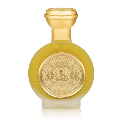 Gold perfume bottle with intricate design on a white background. It's T04 EDP 75mL perfume from Taif Al Emarat