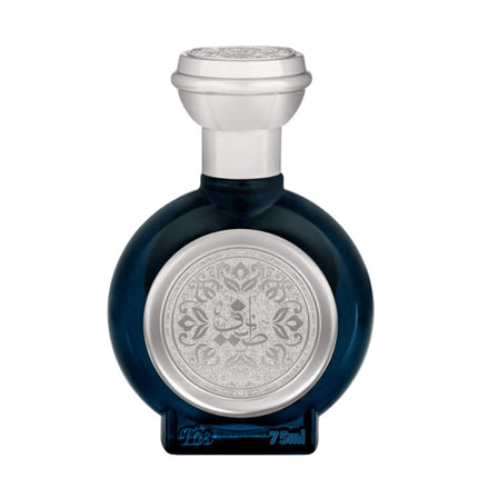Blue perfume bottle with silver cap and intricate design on a light gray background. It is T08 Theyab EDP 75mL by Taif Al Emarat.