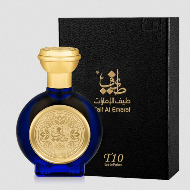 Blue and gold perfume bottle with black box featuring 'Taif Al Emarat' branding on a light gray background. It is T10 EDP spray by Taif Al Emarat.