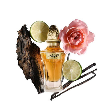 Thaqaf EDP 50mL by Ahmed Al Maghribi. Oud, Lemon, Vanilla and Rose can be seen in in the white background.