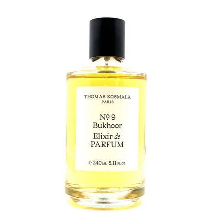 Perfume bottle labeled 'No. 9 Bukhoor Elixir de Parfum' by Thomas Kosmala Paris on a white background
