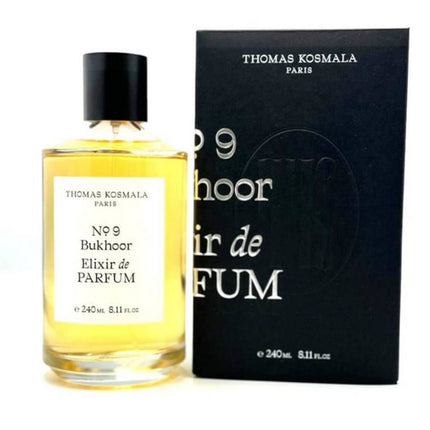Perfume bottle and packaging of Thomas Kosmala Paris No 9 Bukhoor Elixir de Parfum on a white background