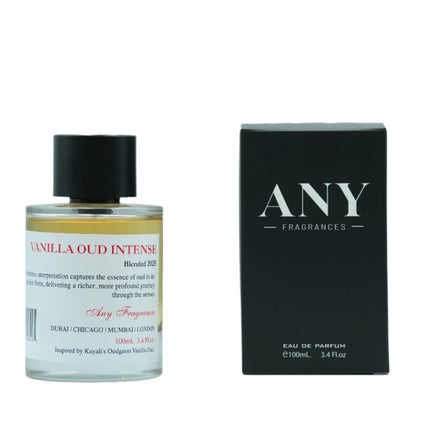 ANY fragrances Vanilla Oud Intense EDP 100mL Spray along with its packaging