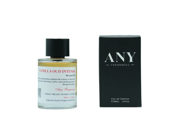 ANY fragrances Vanilla Oud Intense EDP 100mL Spray along with its packaging