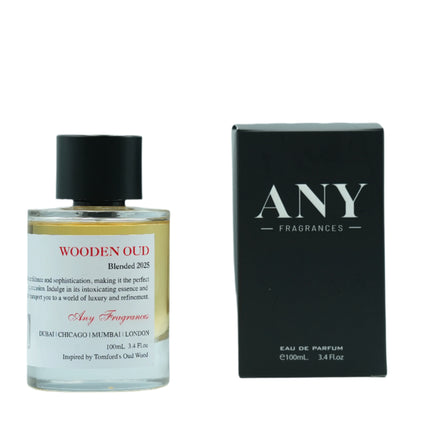 ANY fragrances Wooden Oud EDP 100mL bottle along with its Packaging.