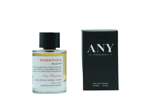 ANY fragrances Wooden Oud EDP 100mL bottle along with its Packaging.