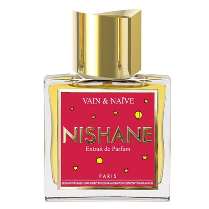 Nishane perfume bottle with gold cap and red label on a white background