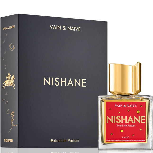 Nishane perfume bottle with gold cap and black box on a white background