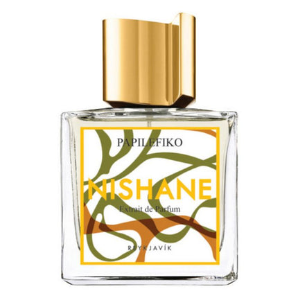 Papilofiko Nishane perfume bottle with gold cap on a white background