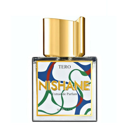 Nishane Tero perfume bottle with gold cap on a white background